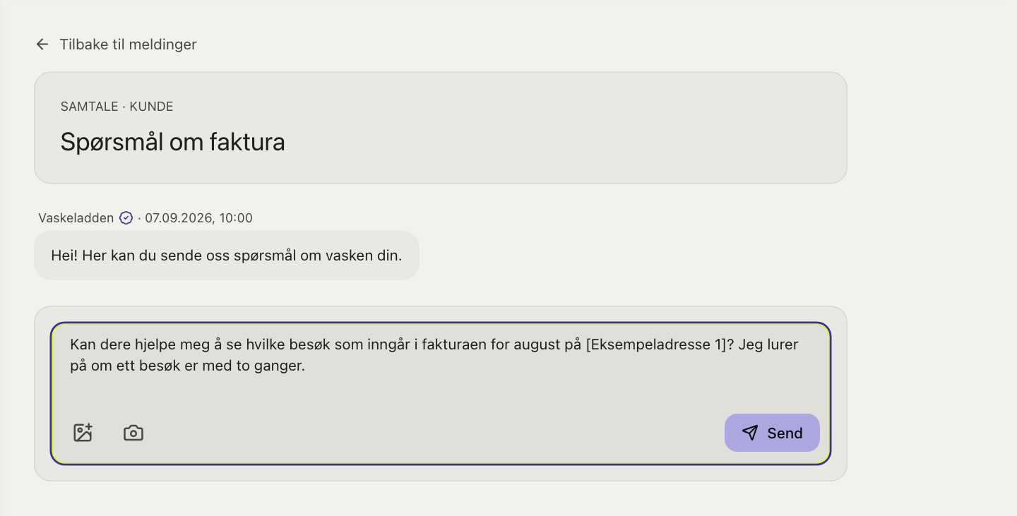 Et usendt spørsmål i kundeportalen om hvilke besøk som inngår i en faktura.