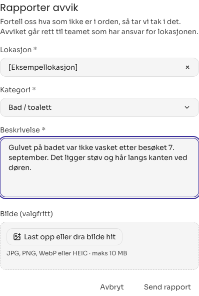 Skjemaet Rapporter avvik med lokasjon, kategori, beskrivelse og opplasting av bilde.