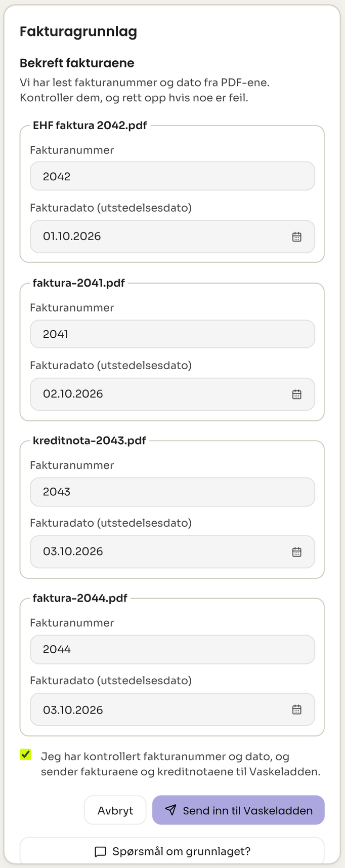 Bekreft fakturaene med fakturanummer og fakturadato for fire dokumenter og avkrysningen før innsending.