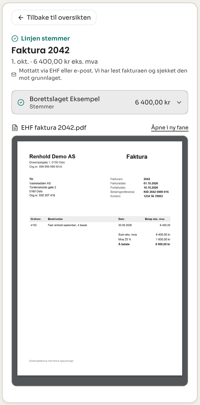 Detaljene for en faktura mottatt som EHF. Linjen stemmer, og PDF-en viser avsender, mottaker, fakturanummer og KID.
