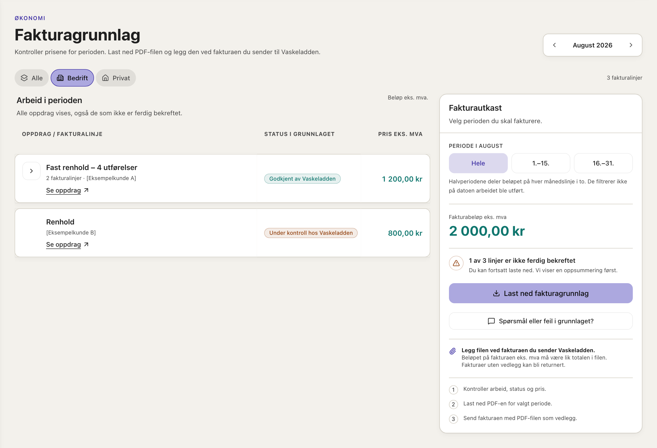 Fakturagrunnlag med kundetypefilter, arbeidsliste og fakturautkast for en eksempelperiode.