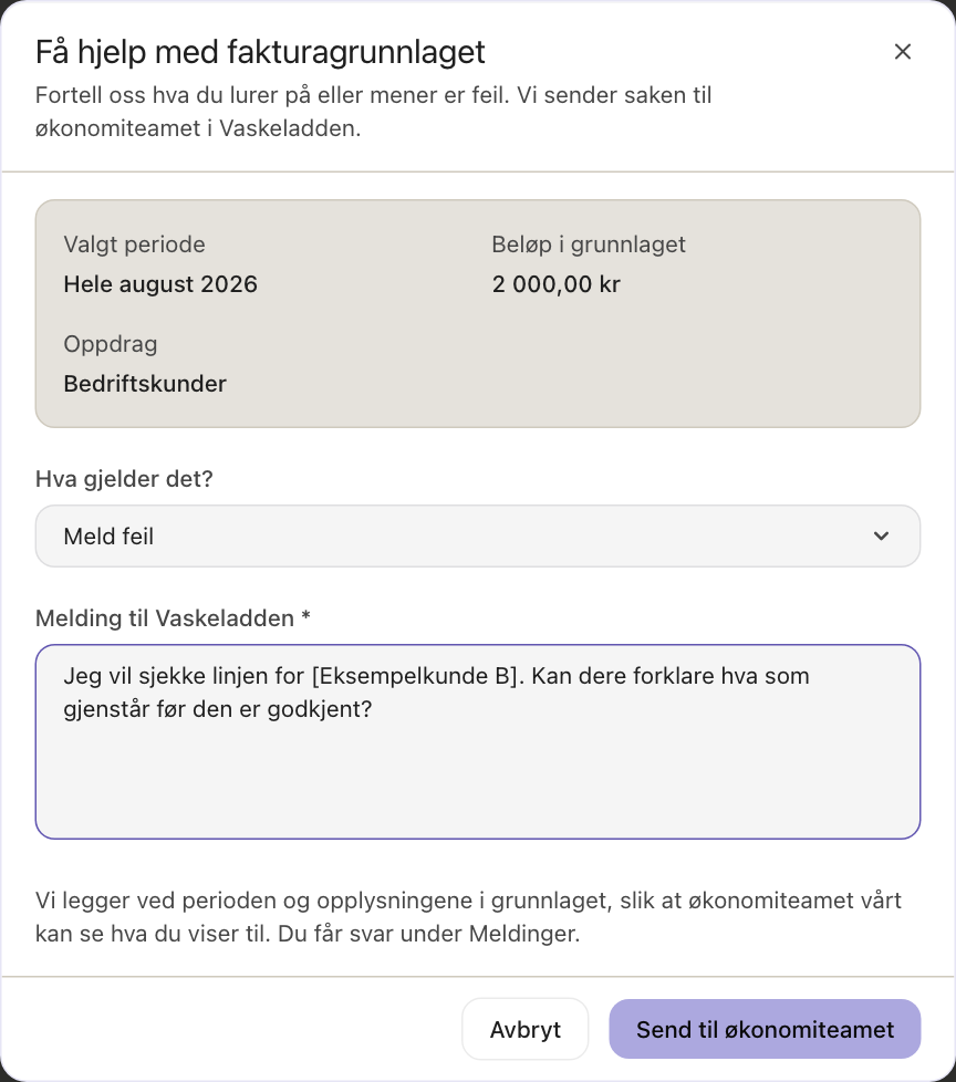 Skjemaet for å melde feil med valgt periode, beløp og plass til å beskrive saken.