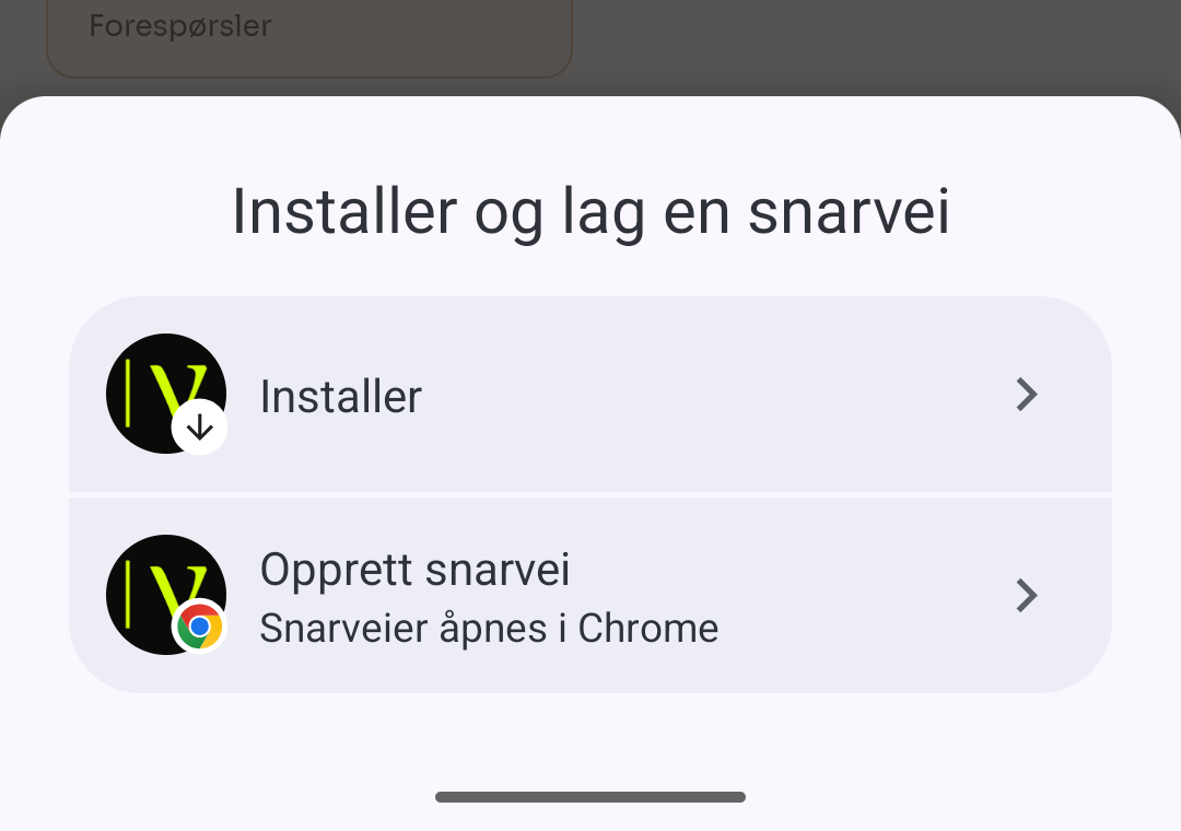 Vinduet Installer og lag en snarvei i Chrome på Android, med valgene Installer og Opprett snarvei.